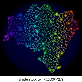 Glamour rainbow mesh vector map of Lower Silesia Province with glowing effect. Abstract lines, triangles, light spots forms map of Lower Silesia Province on a dark background.