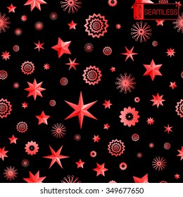 Glamour red and black seamless texture background with stars and snowflakes. Vector illustration