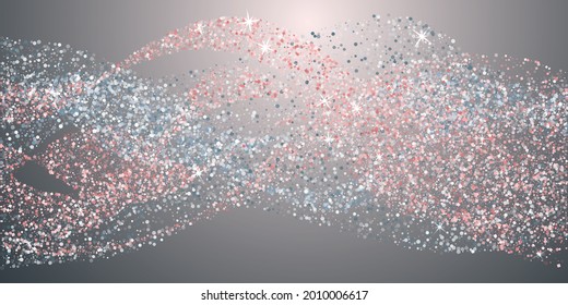 Glamour rich holiday confetti flying vector backgroud design. Small particles scatter. Pink blue chich glowing confetti New Year or Christmass backdrop for poster, banner, flyear, invitation card