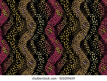 Glamour seamless pattern. Pink and Gold waves on black background. Textile print, Abstract stains. 