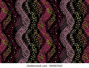 Glamour seamless pattern. Pink and Gold waves on black background. Textile print, Abstract stains.