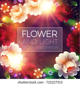 Glamour and Shining Flowers Background with Lights. Luxury Colorful Blossom Space.  Vector illustration 