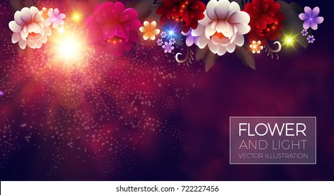 Glamour and Shining Flowers Background with Lights. Luxury Colorful Blossom Space.  Vector illustration 