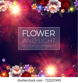 Glamour and Shining Flowers Background with Lights. Luxury Colorful Blossom Space.  Vector illustration 