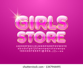 Glamour shiny logo Girls Store. Vector Pink and Golden Alphabet Letters, Numbers and Symbols. Luxury shiny Font