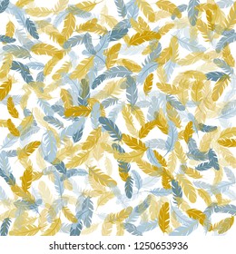 Glamour silver gold feathers vector background. Fluffy twirled feathers on white design. Plumage bohemian fashion shower decor. Smooth plumelet tribal ornate graphics.
