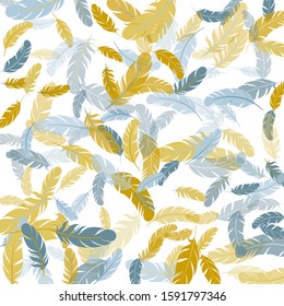 Glamour silver gold feathers vector background. Detailed majestic feather on white design. Plumage trendy fashion shower decor. Lightweigt plumelet windy floating pattern.