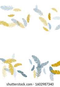 Glamour silver gold feathers vector background. Plumage fluff dreams symbols. Smooth plumelet tribal ornate graphics. Detailed majestic feather on white design.