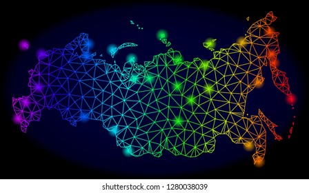 Glamour spectrum mesh vector map of Russia with glare effect. Abstract lines, triangles, light spots forms map of Russia on a dark background. Mesh and glare elements are placed on different layers.