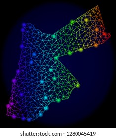 Glamour spectrum mesh vector map of Jordan with glare effect. Abstract lines, triangles, light spots forms map of Jordan on a dark background. Mesh and glare elements are placed on different layers.
