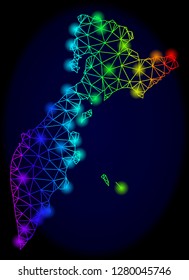 Glamour spectrum mesh vector map of Kamchatka Peninsula with glare effect. Abstract lines, triangles, light spots forms map of Kamchatka Peninsula on a dark background.
