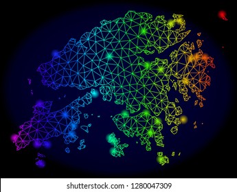 Glamour spectrum mesh vector map of Hong Kong with glowing effect. Abstract lines, triangles, light spots forms map of Hong Kong on a dark background.