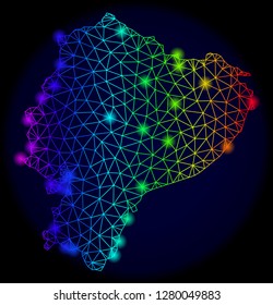 Glamour spectrum mesh vector map of Ecuador with glare effect. Abstract lines, triangles, glare spots forms map of Ecuador on a dark background. Mesh and glare elements are placed on different layers.