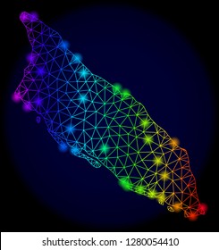 Glamour spectrum mesh vector map of Aruba Island with glowing effect. Abstract lines, triangles, light spots forms map of Aruba Island on a dark background.