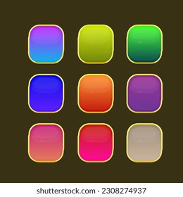 Glamour Square  Buttons Set In Different Colors Or Banners Or Pop Up Windows With Golden Border Bubbles Pattern Game UI Vector Design