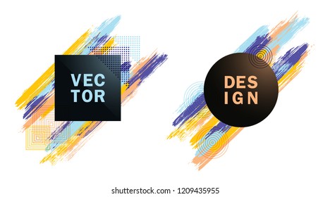 Glamour Square and Circle Frames with Paint Brush Strokes Vector Set. Party poster templates. Frames with bright painted brushstrokes. Templates for fashionable banners, party flyers, posters.