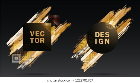 Glamour Square and Circle Frames with Paint Brush Strokes Vector Set. Party poster templates. Frames with grunge painted brushstrokes. Templates for fashionable party adverts, posters.