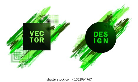 Glamour Square and Circle Frames with Paint Brush Strokes Vector Set. Party poster templates. Frames with trendy painted brushstrokes. Templates design for fashionable party adverts, posters.