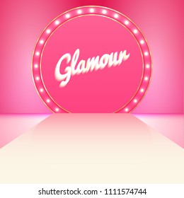 Glamour stage podium with lighting. Stage Podium Scene with for Award Ceremony on pink background with round wall. Vector illustration