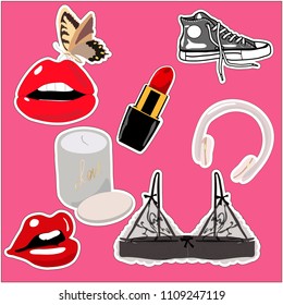 Glamour style sticker set. Vector hand drawn. Pink background