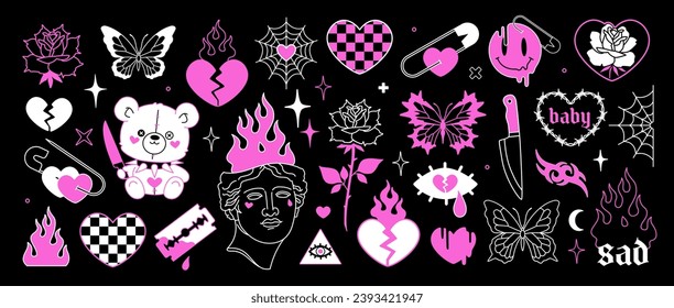 Glamour Tattoo Art in 2000s style. Y2k Emo Goth Stickers. Pink and black barbed wire heart, flame, antique sculpture, rose flower. Girly Gothic style tattoo. Vector Psychedelic Tattoo print designs