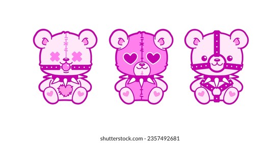 Juguetes Teddy Bear en pegatinas góticas de arte de tatuajes de los años 2000. Emo Goth 00's tattoo sticker color negro y rosa. Estética gótica Teddy Bear juguete en collar de clavos para diseño de impresión y2k