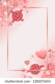 Glamour template with flat lay pink romantic objects for greeting, valentines and birthday card, wedding invitation, gift voucher and covers with text place.