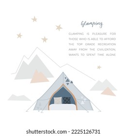 Glamour tipi, tent with cozy textile around wild nature, mountains, starry sky. Abstract background. Vector illustration for text.