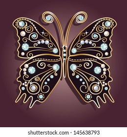 Glamour vector vintage golden butterfly with elegance ornament encrusted with blue jewels on purple background. with shadow