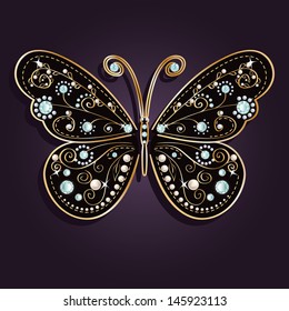 Glamour vector vintage golden butterfly with elegance ornament encrusted with blue jewels on dark purple background. with shadow