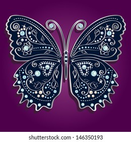 Glamour vector vintage silver butterfly with elegance ornament encrusted with blue jewels on purple background. with shadow