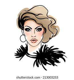 Glamour woman face. Ink and watercolor vector fashion illustration