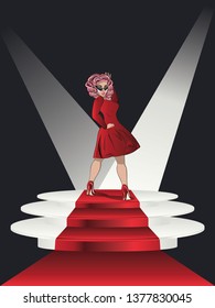 Glamour woman wears heels and vintage fashion dress on the podium.