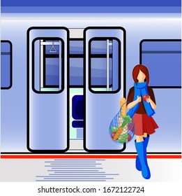 Glamour young girl with products - fruit and vegetables in eco crochet bag outside empty subway train. Doors open at metro station. City urban concept. Eco shopping. Trendy flat vector illustration. 