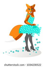 Glamourous fox in the style flat. A fashionable animal in a dress. White background. Vector