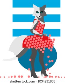 The glamourous fox in style flat. A fashionable animal in a dress. Striped blue background. Vector