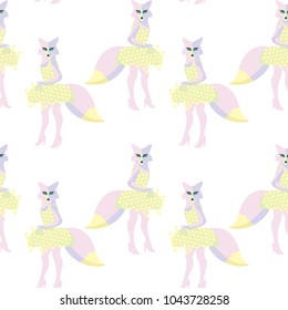 Glamourous fox in style flat. Fashionable animal in dress. Seamless pattern in flat style. Image is isolated. Vector