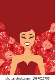 Glamourous girl character over red strawberries background
