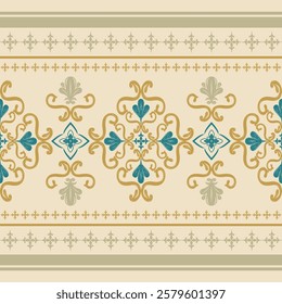 Glamours Delicate Traditional Luxury Pattern Scroll Ornament Timeless Design. Royal Gold Jacquard Teal Silk Embroidery Border Seamless Pattern Vector. Wealth Rich Opulence Era's Art on Fabrics Apparel