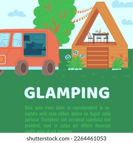 Glamping accommodation advertising banner or poster template, flat vector illustration. Vacation journey or weekend travel in glamping concept of banner or flyer.