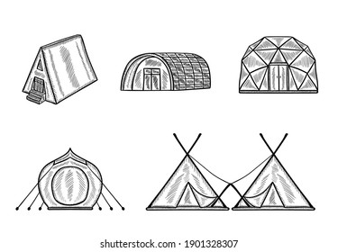 Glamping accomodation doodle icon set with native indian tepee, a-frame house, yurt, lodges and hut. Sketch style glamping travel collection, isolated. Camping.