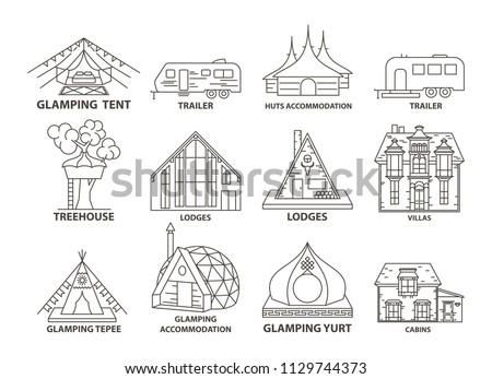 Glamping accomodation line icon set with native indian tepee and treehouse, villa and yurt, lodges and huts. Flat line style glamping travel collection. Vector illustration.