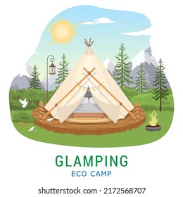 Glamping advertising. Eco camp vector poster. Modern yurt camping nestled in forest and mountains. Travel, rest and adventure on nature concept. Tent house, bonfire over natural landscape