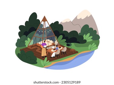 Glamping at A-frame house with glass walls. Tourists relaxing at triangle building in nature on summer holiday. Glam luxury camping. Flat graphic vector illustration isolated on white background