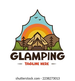 Glamping badge design with adventure scene and luxury tent. Travel logo graphics. Stock vector label