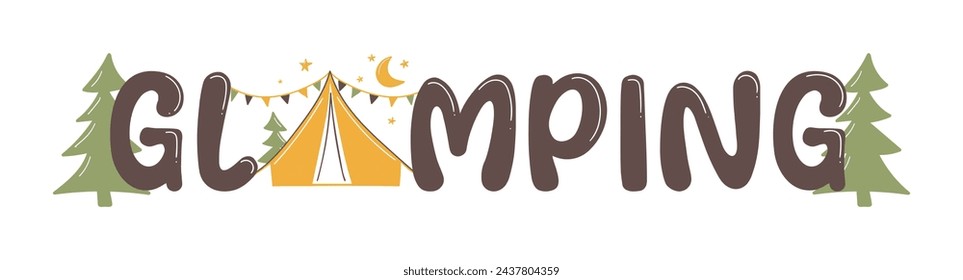 Glamping badge in flat design style. An emblem of modern exploration with comfort, it beckons to the traveler. Vector illustration isolated on a white background, perfect for design elements.