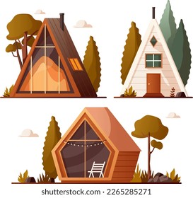 Glamping cabin set, luxury camping in foest nature. Comfortable glass and wood home. Vector cartoon illustration of traditional lodge and chalet, mountain cottage. Landscape, nature, house.