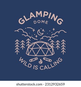 glamping camp dome vintage monoline vector illustration concept for travel,tourism,logo,vacation