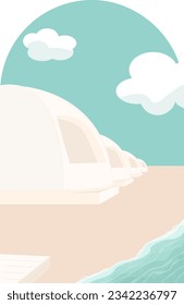 Glamping and camping by the sea, vector poster with geo dome. Travel ourdoor and adventure concept
