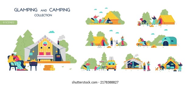 Glamping and camping collection with people relaxing in nature, flat vector illustration isolated on white background. Set of cartoon characters living in tents with amenities and furniture.